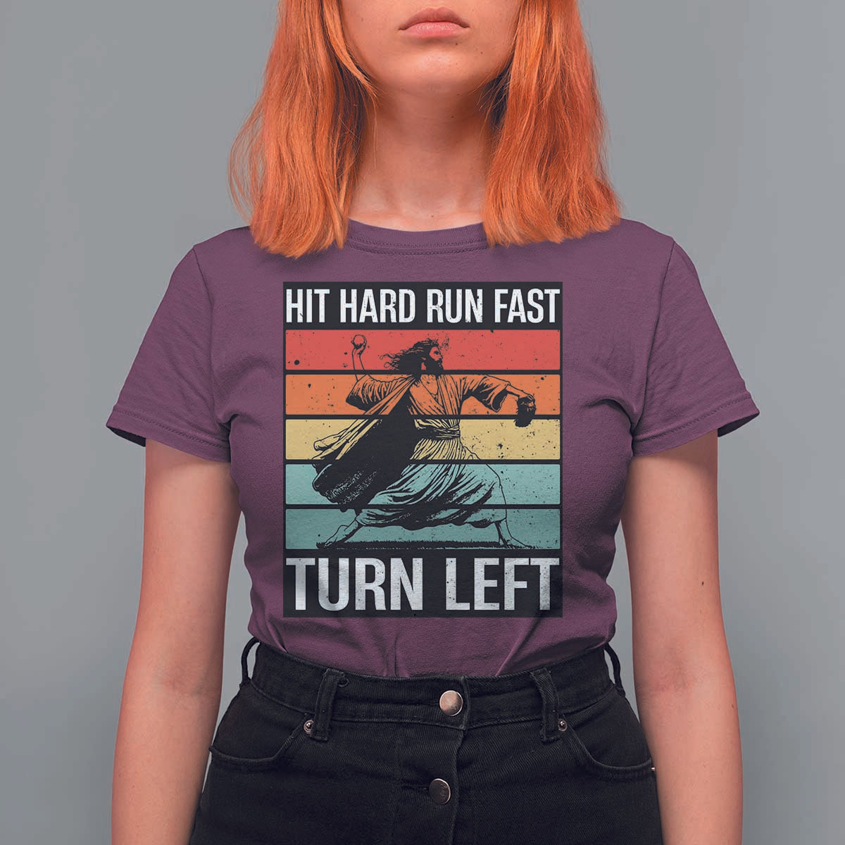Hit Hard Run Fast Turn Left T Shirt For Women Funny Jesus Baseball Player - Wonder Print Shop