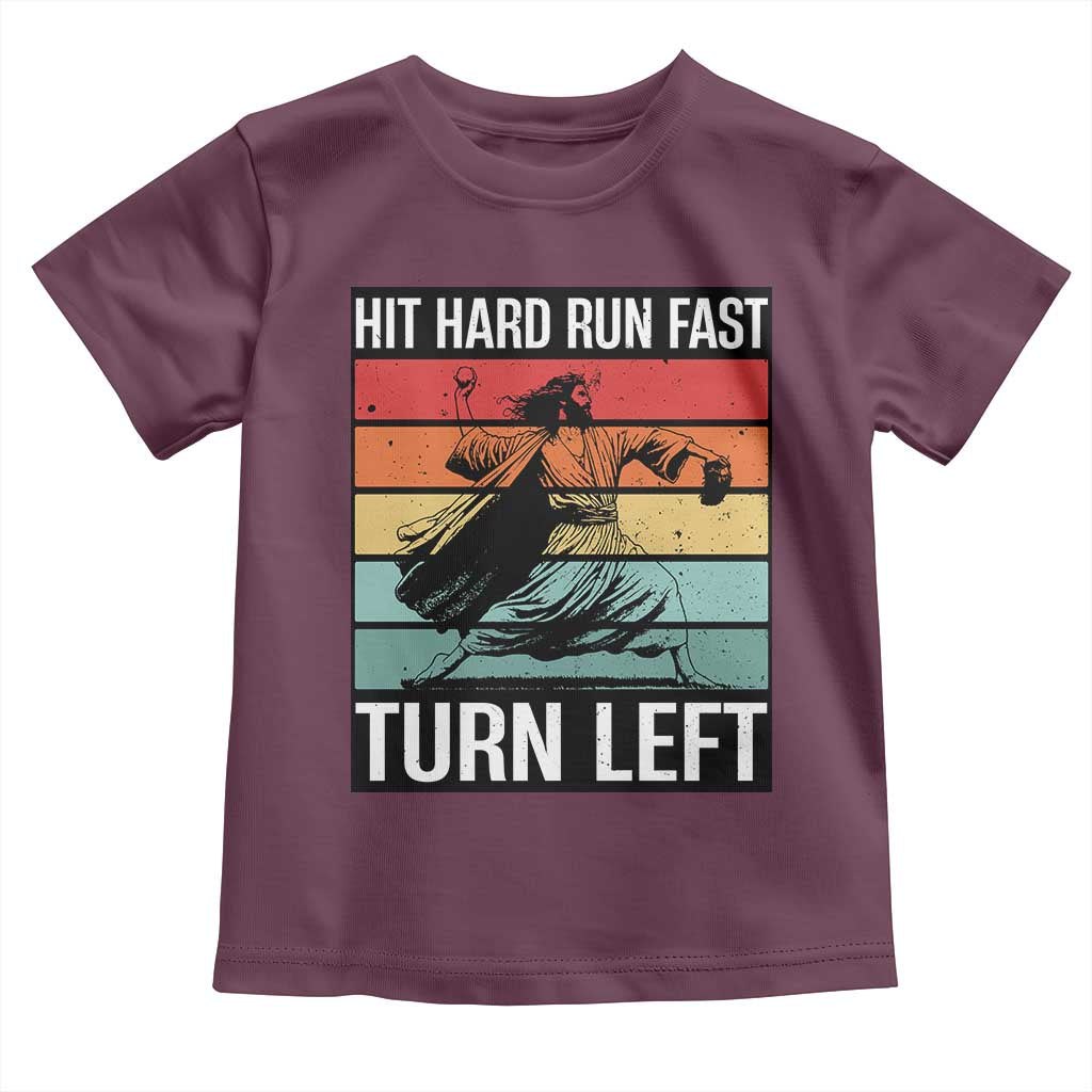 Hit Hard Run Fast Turn Left Toddler T Shirt Funny Jesus Baseball Player - Wonder Print Shop