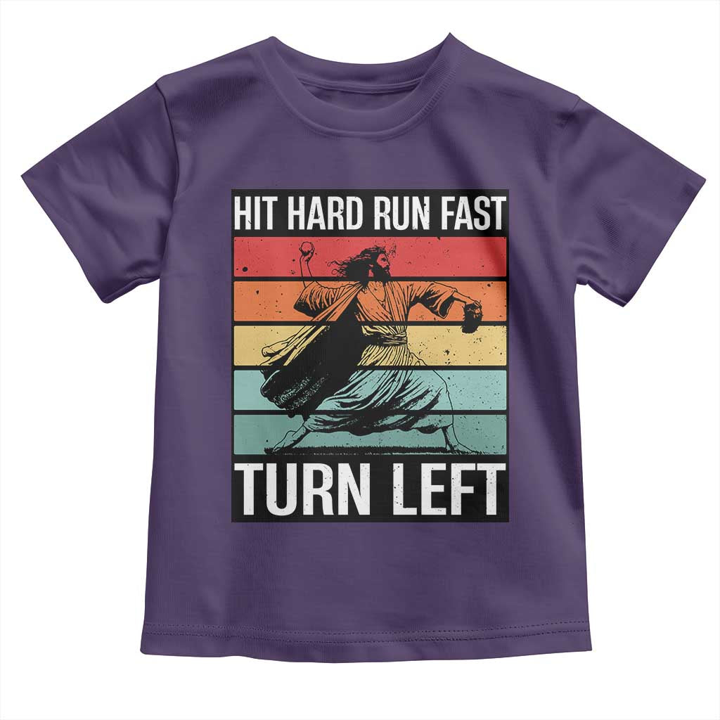 Hit Hard Run Fast Turn Left Toddler T Shirt Funny Jesus Baseball Player - Wonder Print Shop