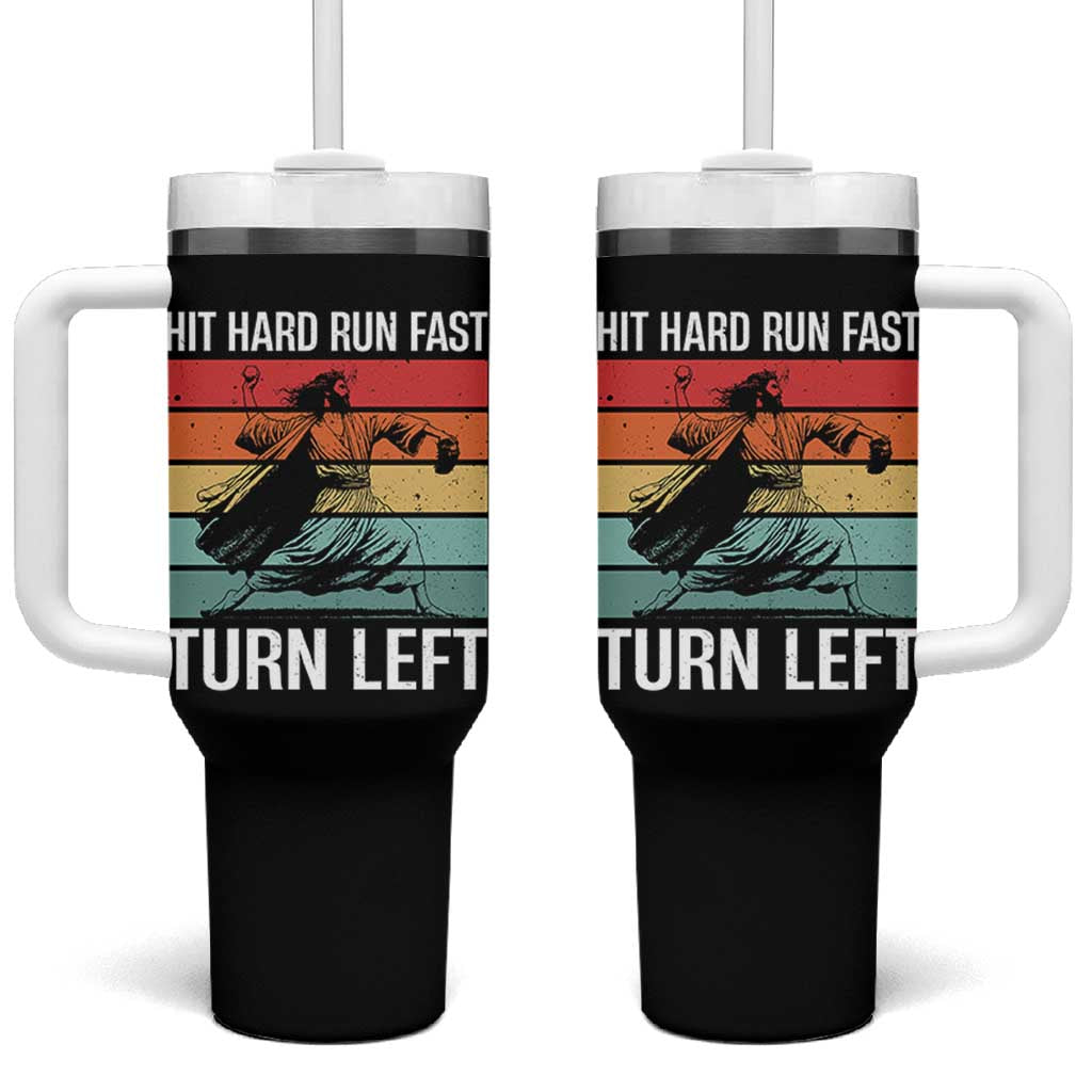 Hit Hard Run Fast Turn Left Tumbler With Handle Funny Jesus Baseball Player