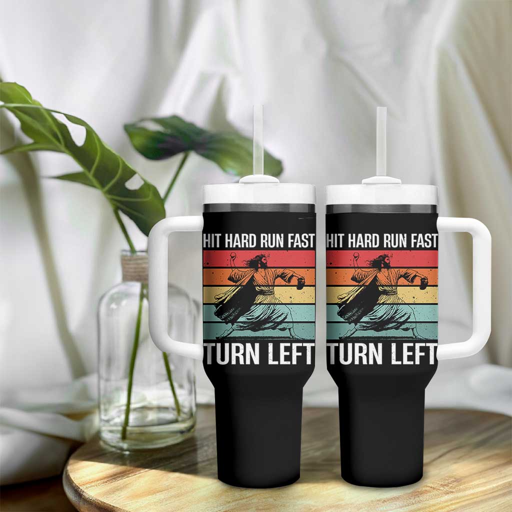 Hit Hard Run Fast Turn Left Tumbler With Handle Funny Jesus Baseball Player