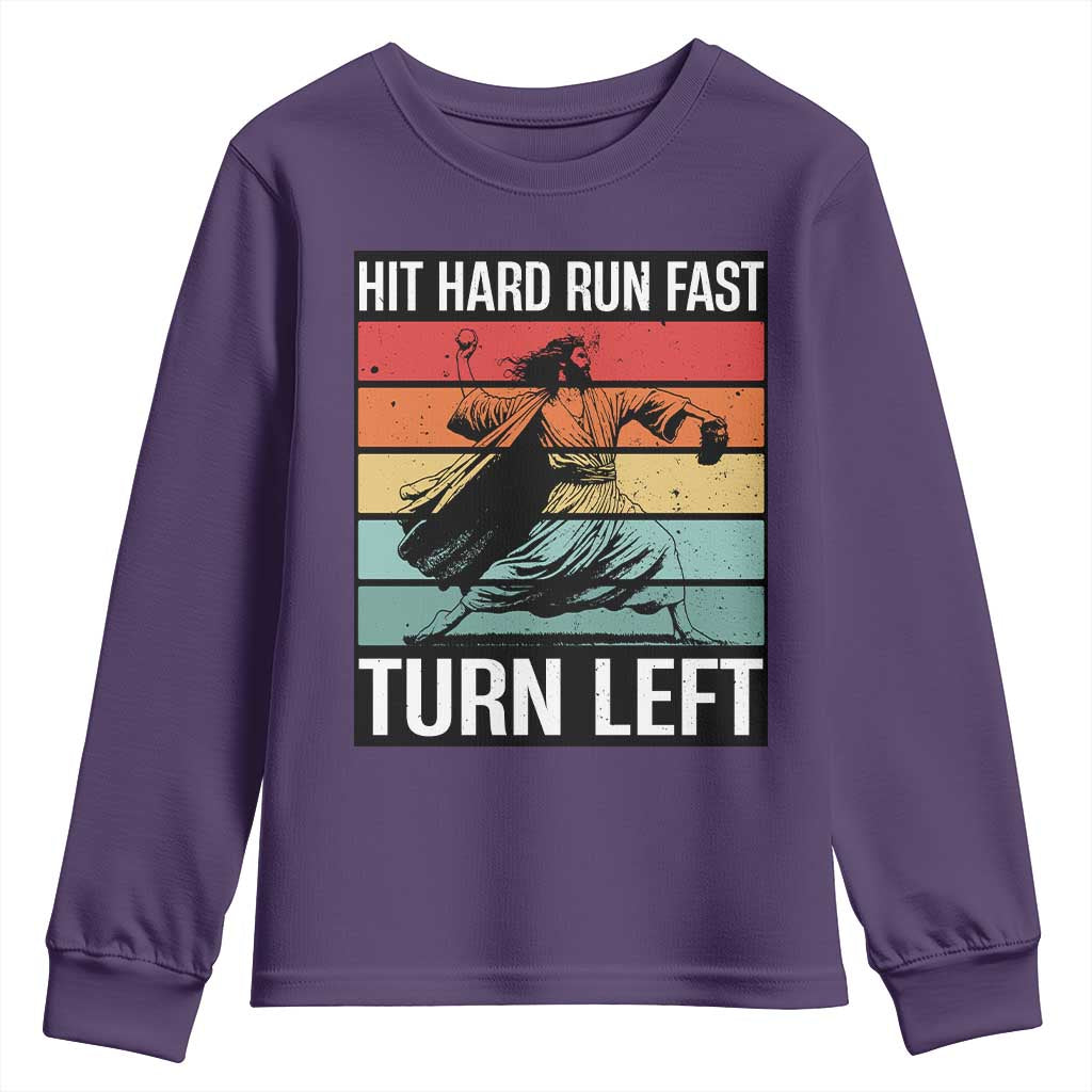 Hit Hard Run Fast Turn Left Youth Sweatshirt Funny Jesus Baseball Player - Wonder Print Shop