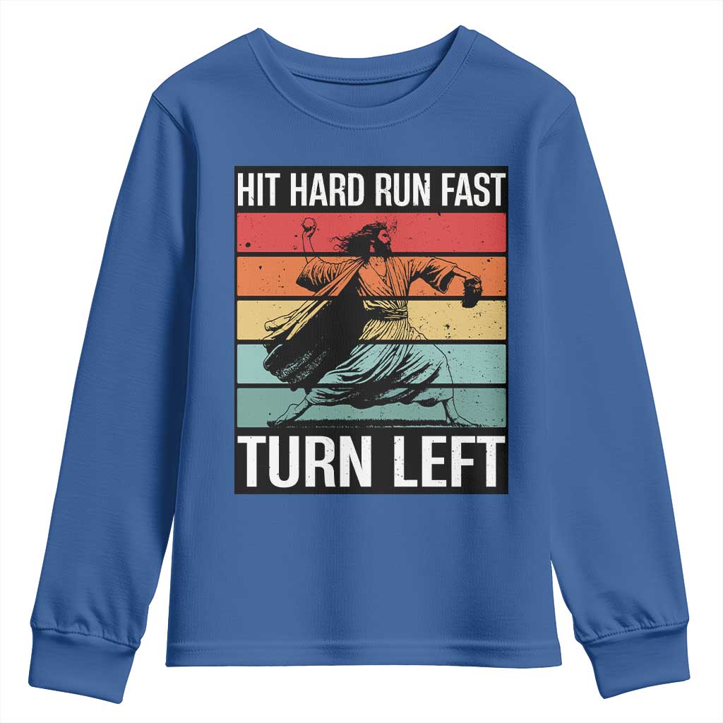 Hit Hard Run Fast Turn Left Youth Sweatshirt Funny Jesus Baseball Player - Wonder Print Shop