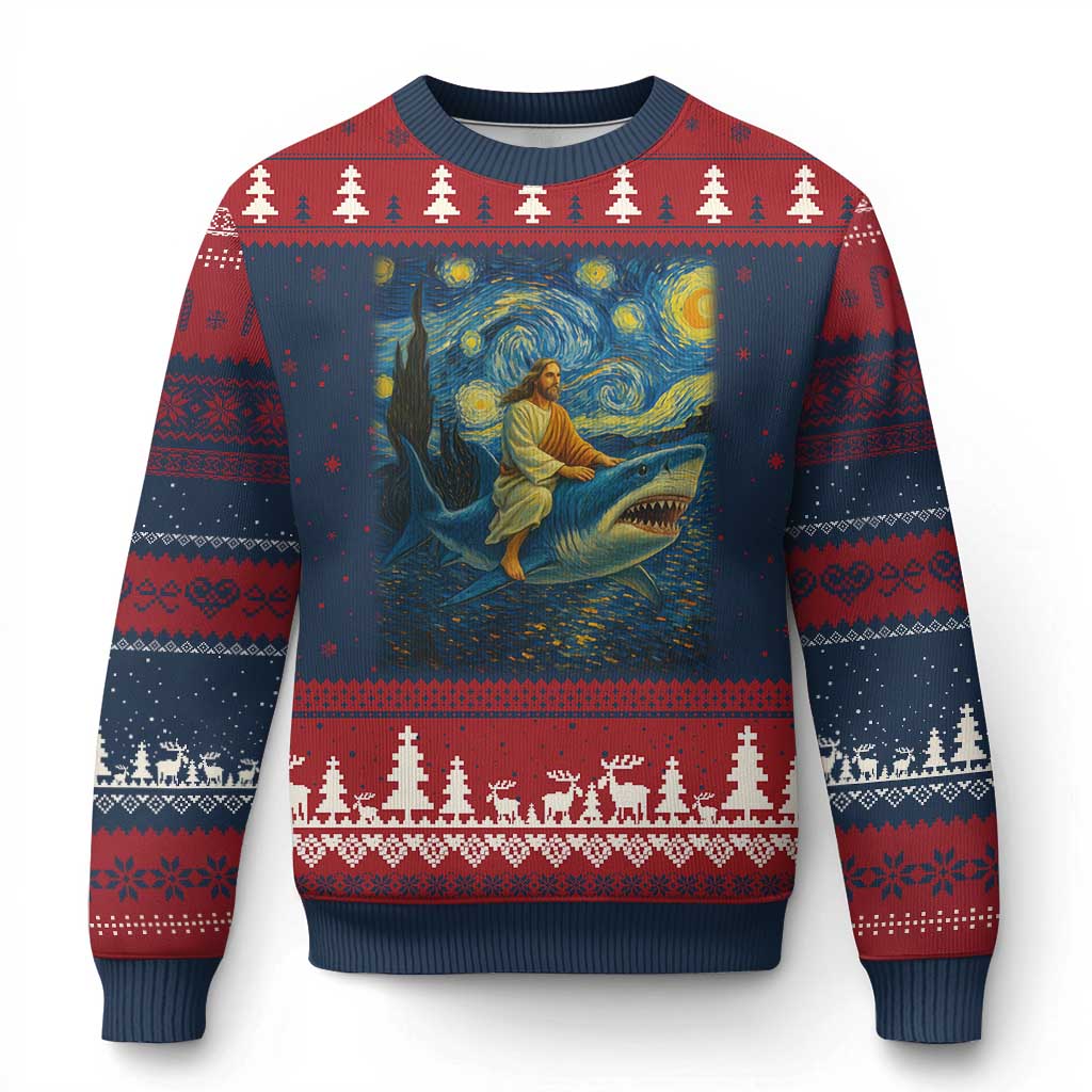 Jesus Shark Stary Night Ugly Christmas Sweater Artist Van Gogh Christian - Wonder Print Shop