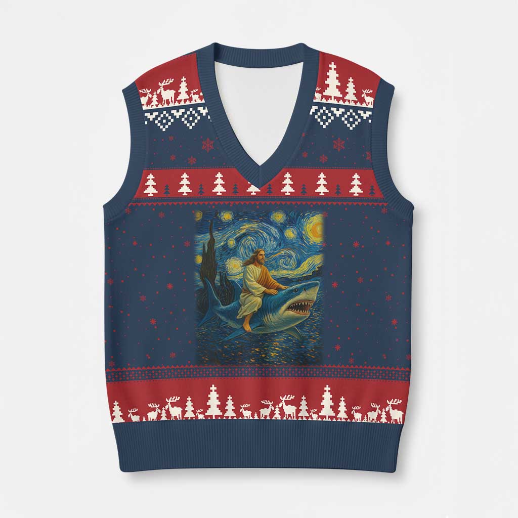 Jesus Shark Stary Night V-Neck Knit Sweater Vest Artist Van Gogh Christian - Wonder Print Shop