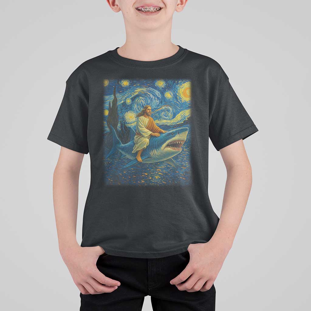 Jesus Shark Stary Night T Shirt For Kid Artist Van Gogh Christian - Wonder Print Shop