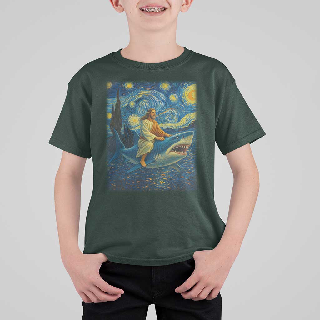Jesus Shark Stary Night T Shirt For Kid Artist Van Gogh Christian - Wonder Print Shop