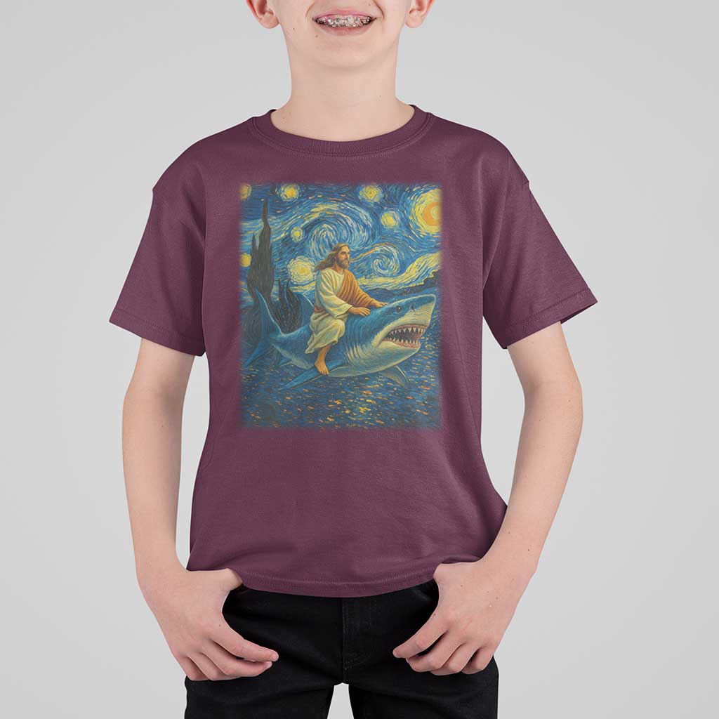 Jesus Shark Stary Night T Shirt For Kid Artist Van Gogh Christian - Wonder Print Shop