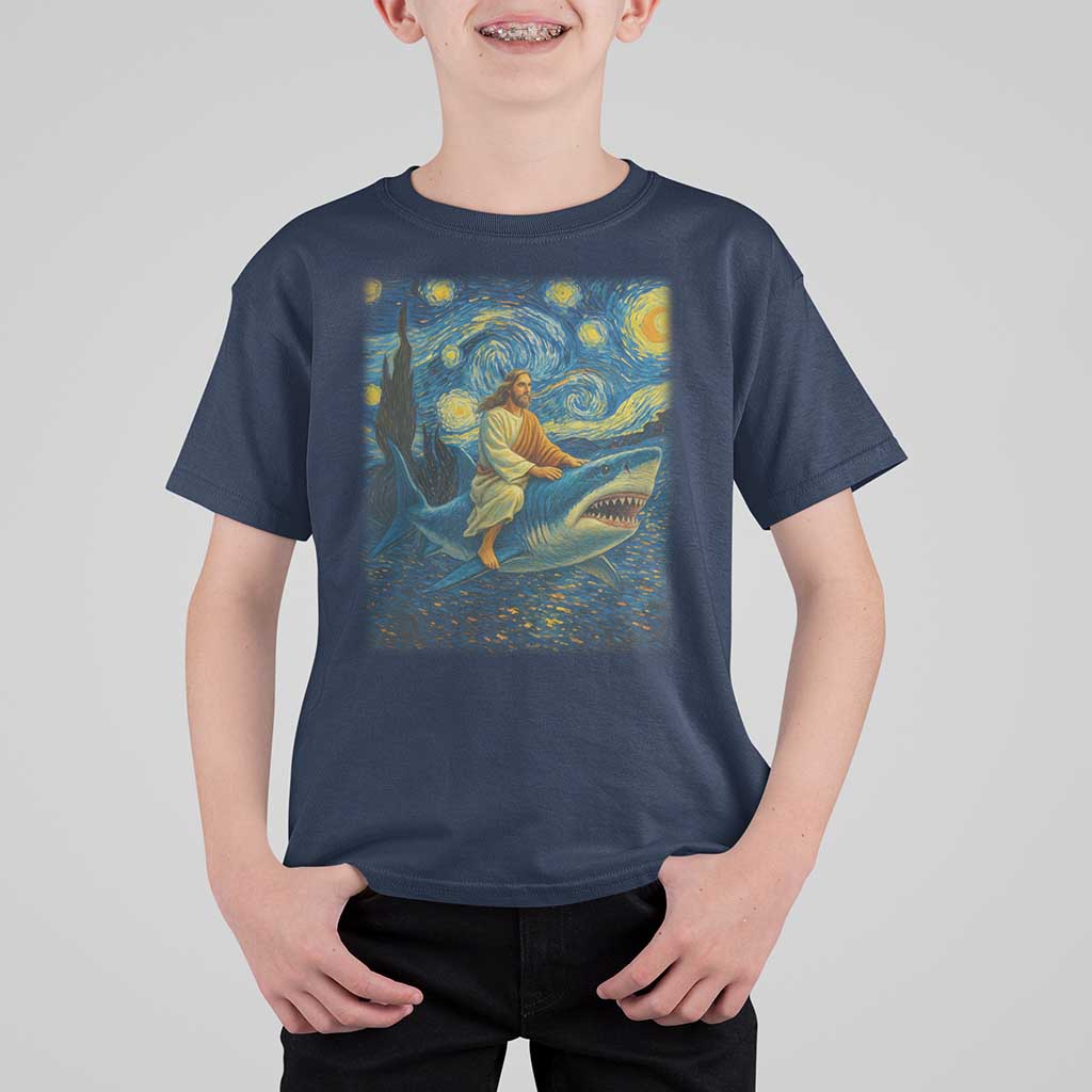 Jesus Shark Stary Night T Shirt For Kid Artist Van Gogh Christian - Wonder Print Shop