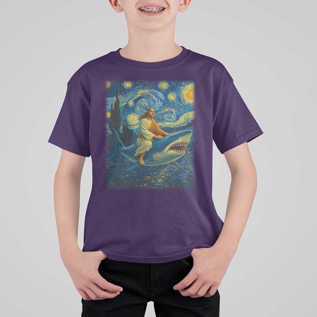 Jesus Shark Stary Night T Shirt For Kid Artist Van Gogh Christian - Wonder Print Shop
