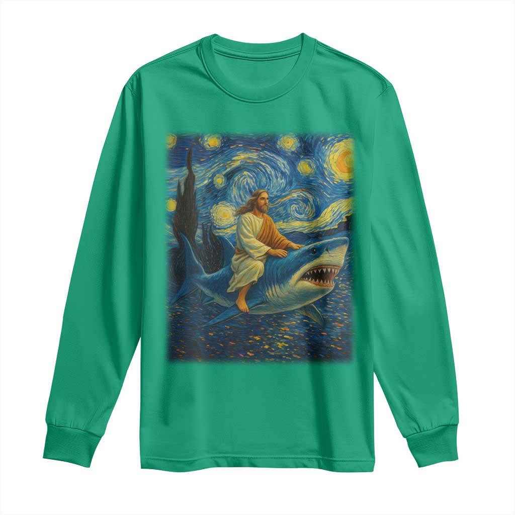 Jesus Shark Stary Night Long Sleeve Shirt Artist Van Gogh Christian - Wonder Print Shop