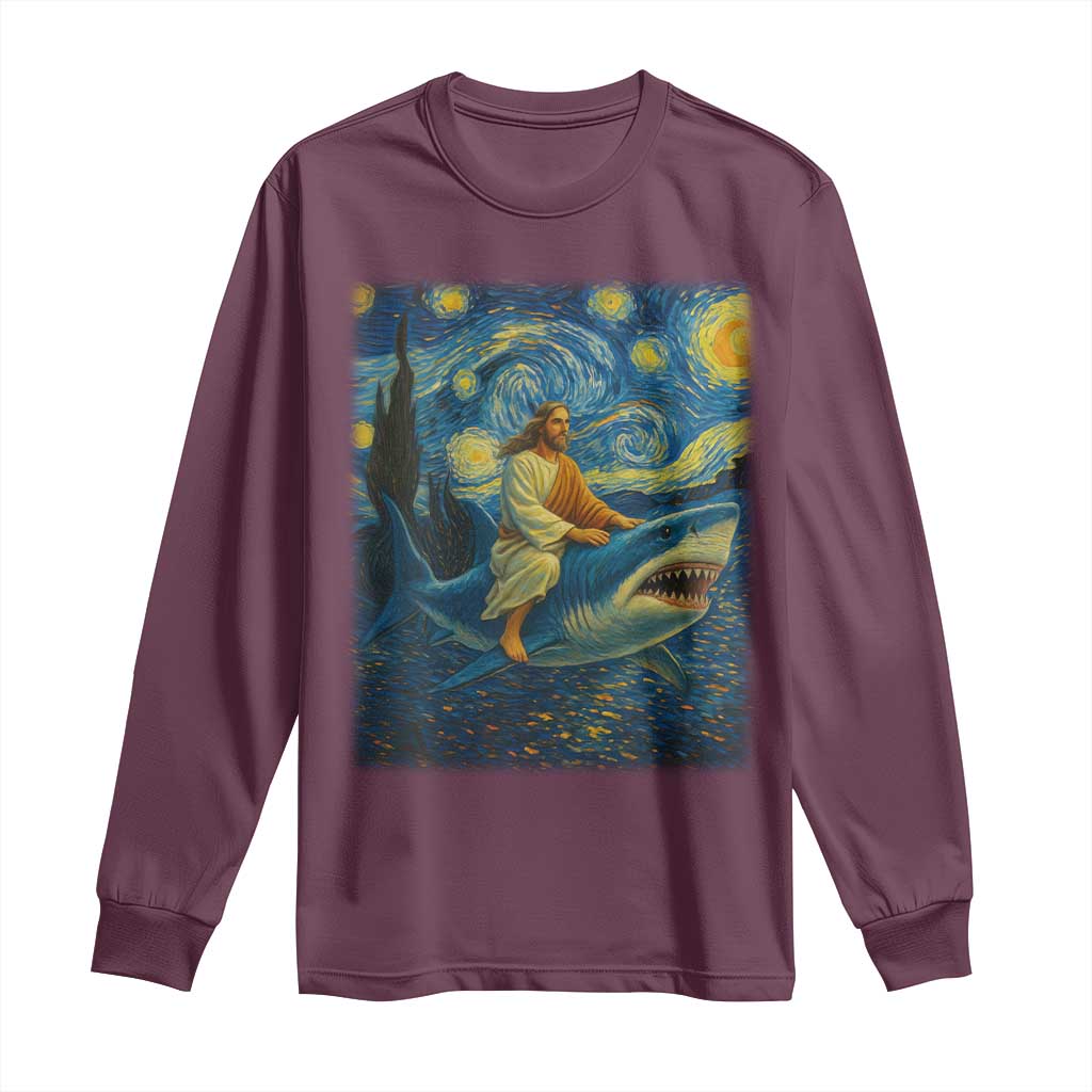 Jesus Shark Stary Night Long Sleeve Shirt Artist Van Gogh Christian - Wonder Print Shop