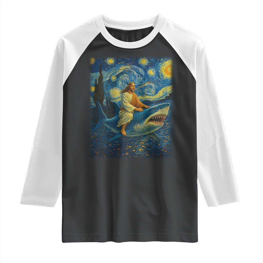 Jesus Shark Stary Night Raglan Shirt Artist Van Gogh Christian - Wonder Print Shop