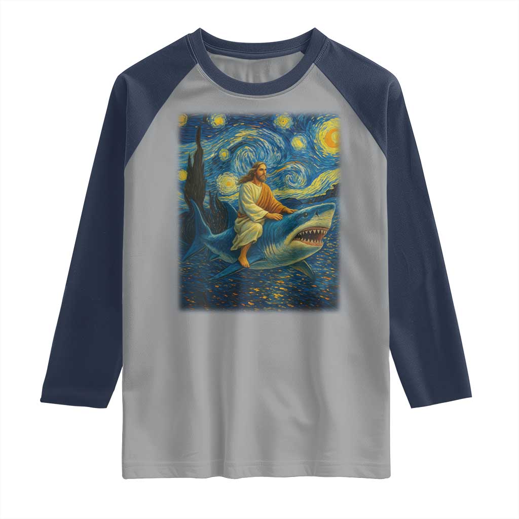 Jesus Shark Stary Night Raglan Shirt Artist Van Gogh Christian - Wonder Print Shop