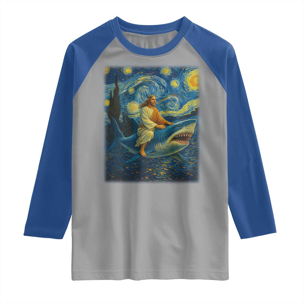 Jesus Shark Stary Night Raglan Shirt Artist Van Gogh Christian - Wonder Print Shop