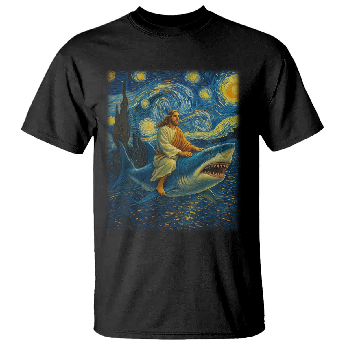 Jesus Shark Stary Night T Shirt Artist Van Gogh Christian - Wonder Print Shop