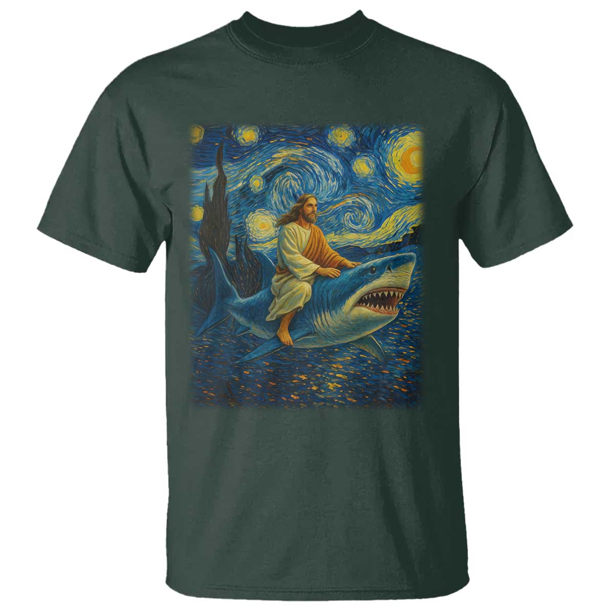 Jesus Shark Stary Night T Shirt Artist Van Gogh Christian - Wonder Print Shop