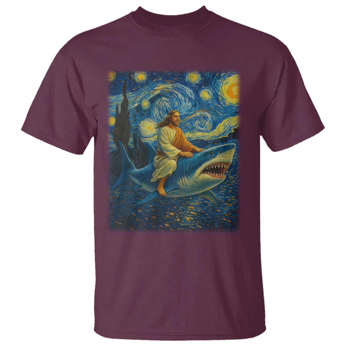 Jesus Shark Stary Night T Shirt Artist Van Gogh Christian - Wonder Print Shop