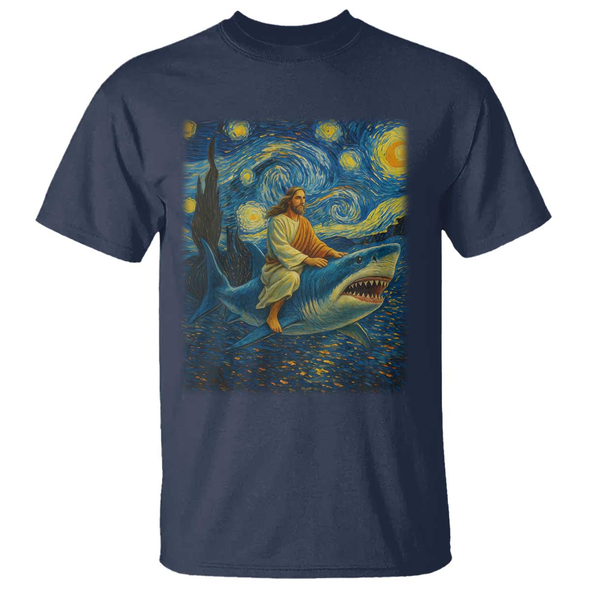 Jesus Shark Stary Night T Shirt Artist Van Gogh Christian - Wonder Print Shop