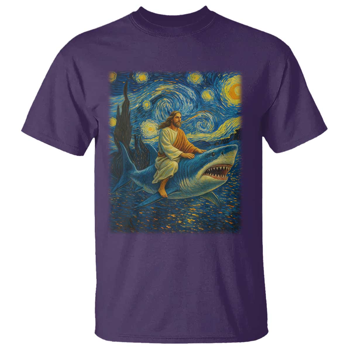 Jesus Shark Stary Night T Shirt Artist Van Gogh Christian - Wonder Print Shop