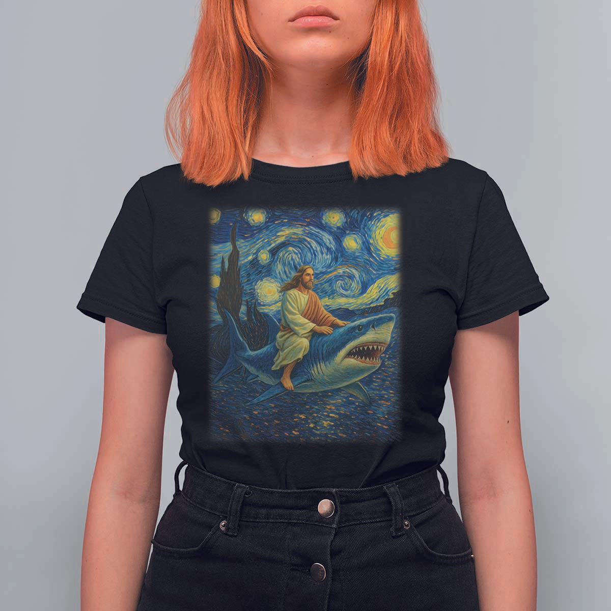 Jesus Shark Stary Night T Shirt For Women Artist Van Gogh Christian - Wonder Print Shop