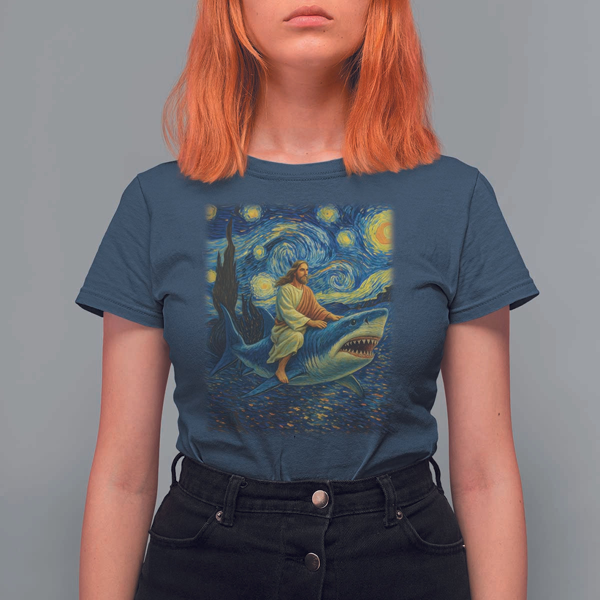 Jesus Shark Stary Night T Shirt For Women Artist Van Gogh Christian - Wonder Print Shop
