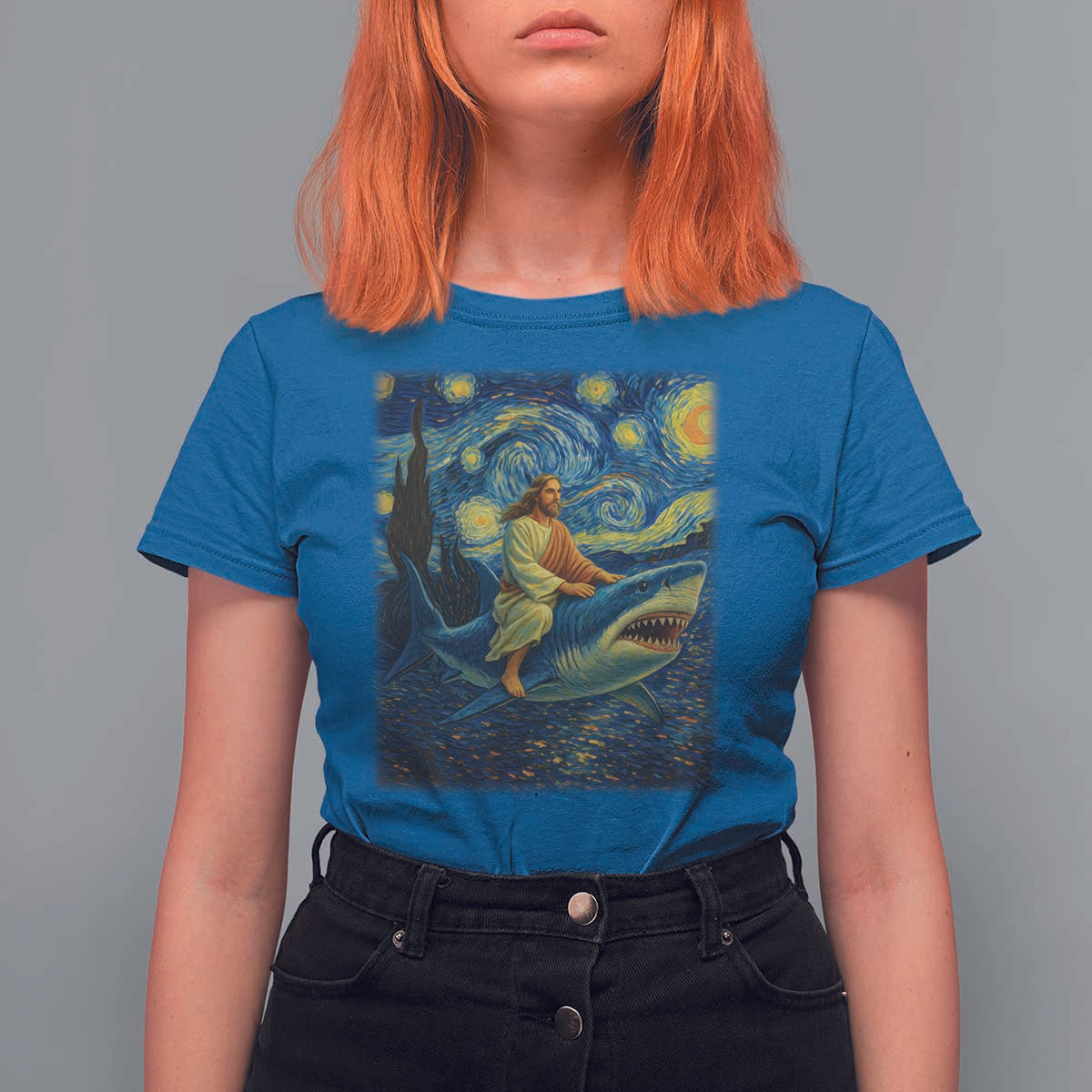 Jesus Shark Stary Night T Shirt For Women Artist Van Gogh Christian - Wonder Print Shop