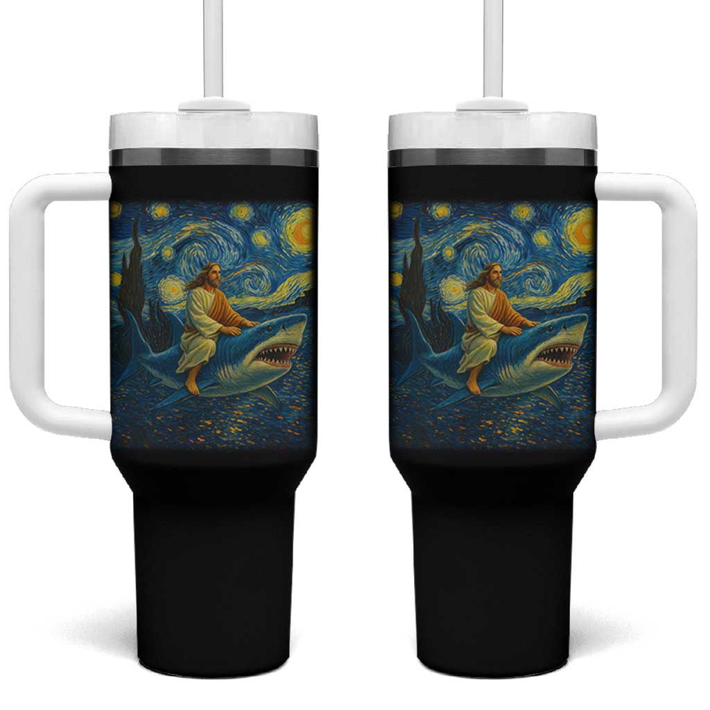 Jesus Shark Stary Night Tumbler With Handle Artist Van Gogh Christian