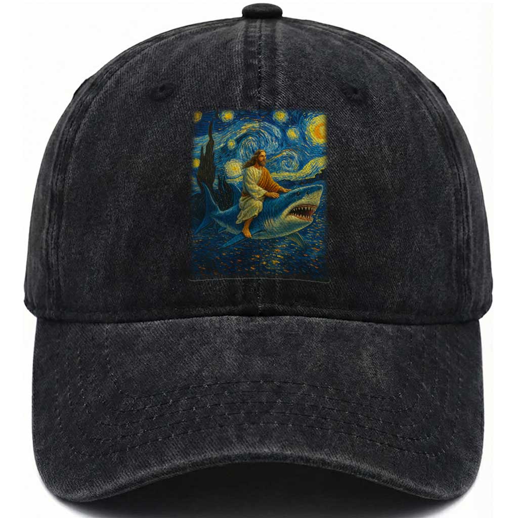 Jesus Shark Stary Night Washed Cotton Baseball Cap Artist Van Gogh Christian