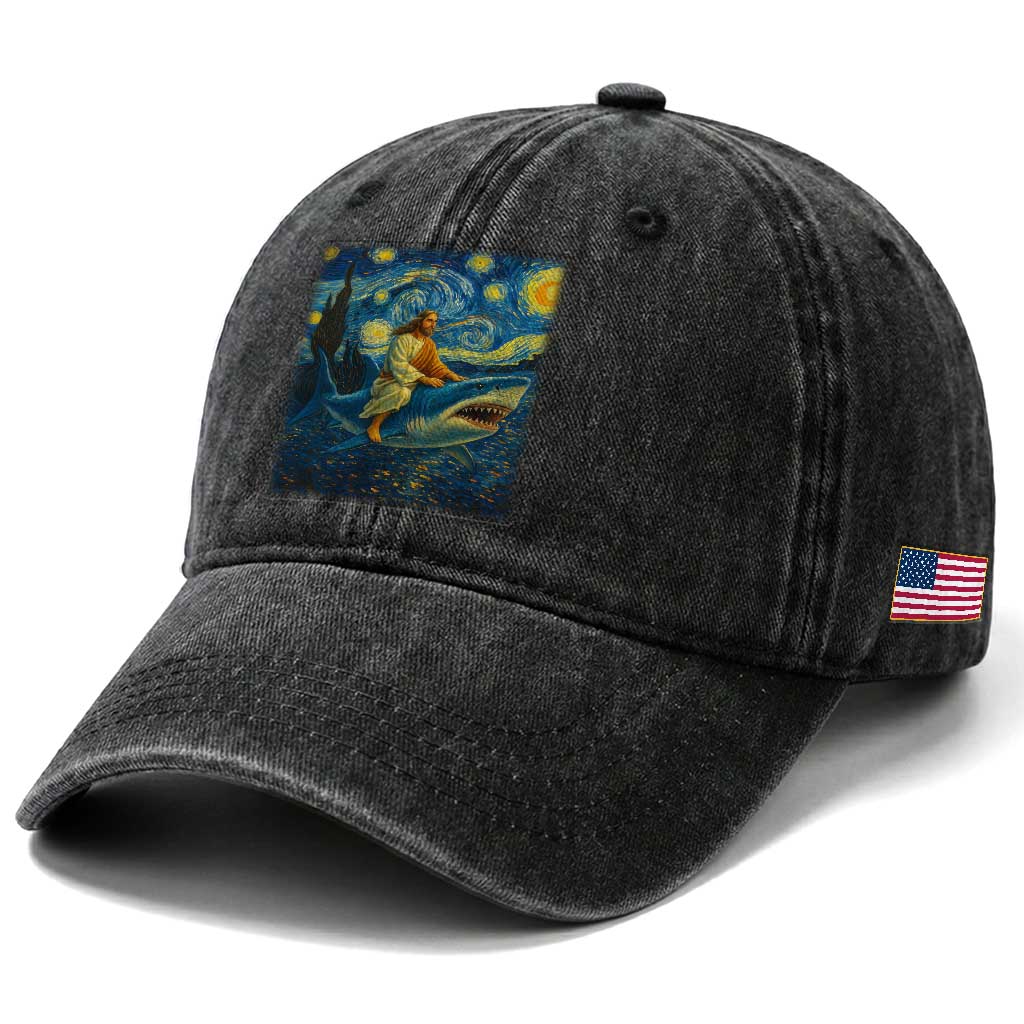 Jesus Shark Stary Night Washed Cotton Baseball Cap Artist Van Gogh Christian
