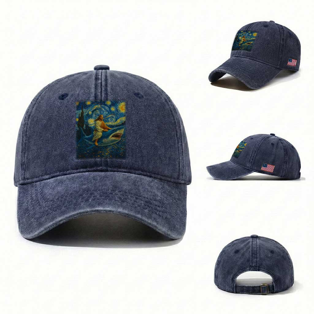 Jesus Shark Stary Night Washed Cotton Baseball Cap Artist Van Gogh Christian