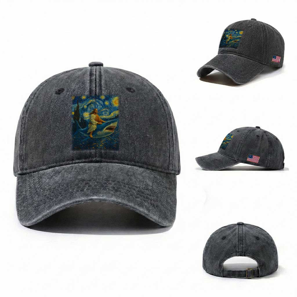 Jesus Shark Stary Night Washed Cotton Baseball Cap Artist Van Gogh Christian