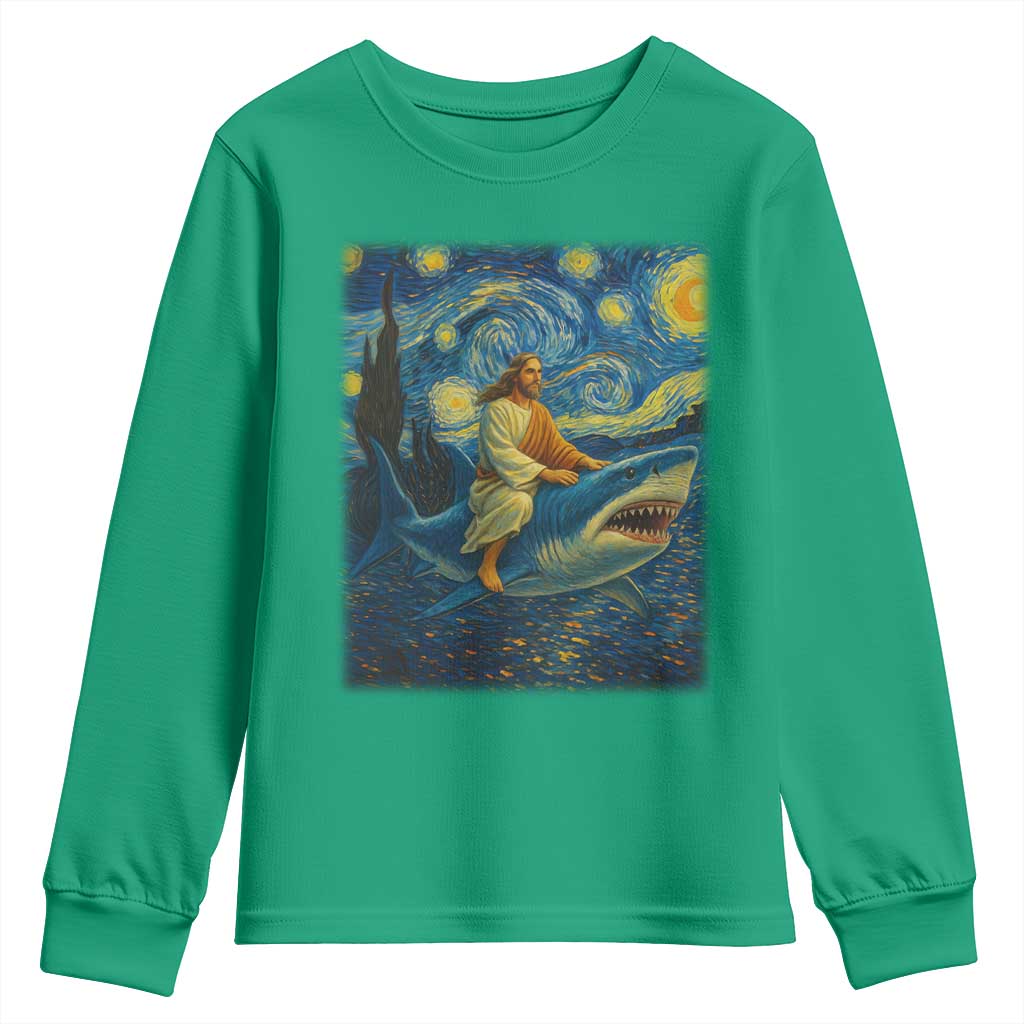Jesus Shark Stary Night Youth Sweatshirt Artist Van Gogh Christian - Wonder Print Shop