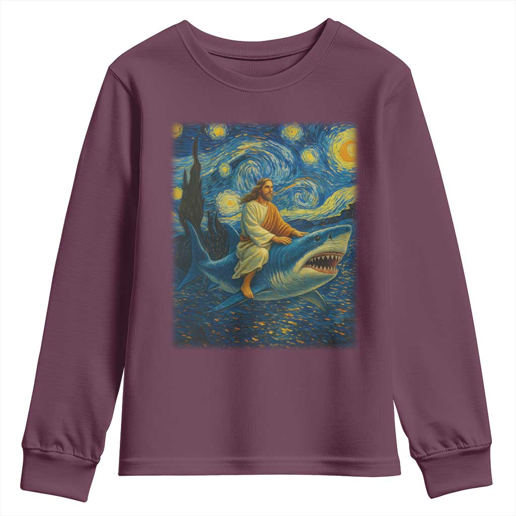 Jesus Shark Stary Night Youth Sweatshirt Artist Van Gogh Christian - Wonder Print Shop