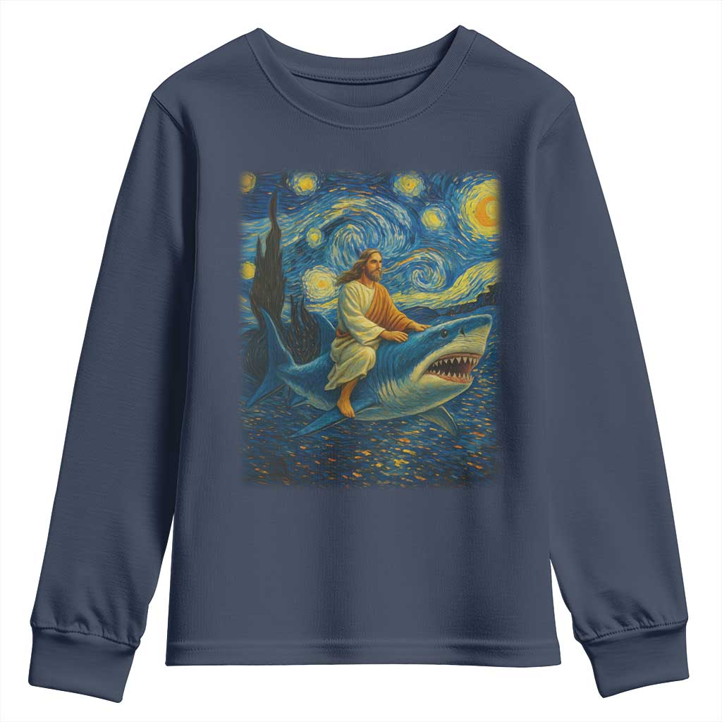 Jesus Shark Stary Night Youth Sweatshirt Artist Van Gogh Christian - Wonder Print Shop