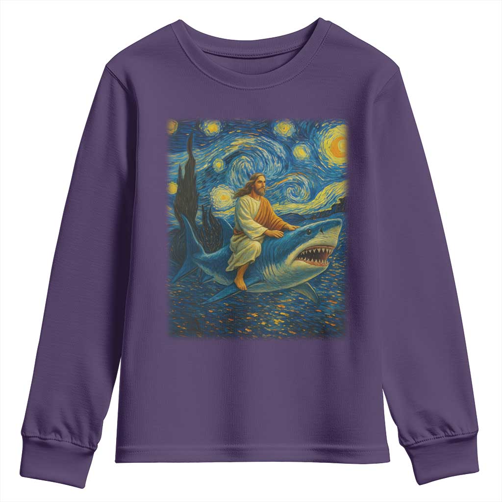 Jesus Shark Stary Night Youth Sweatshirt Artist Van Gogh Christian - Wonder Print Shop