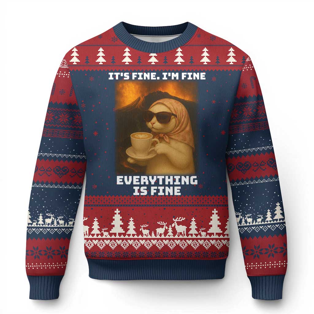 Funny Cat Meme Ugly Christmas Sweater It Is Fine I Am Fine Every Thing Is Fine - Wonder Print Shop
