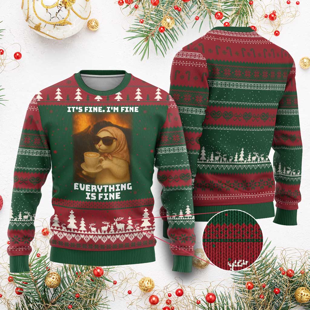 Funny Cat Meme Ugly Christmas Sweater It Is Fine I Am Fine Every Thing Is Fine - Wonder Print Shop