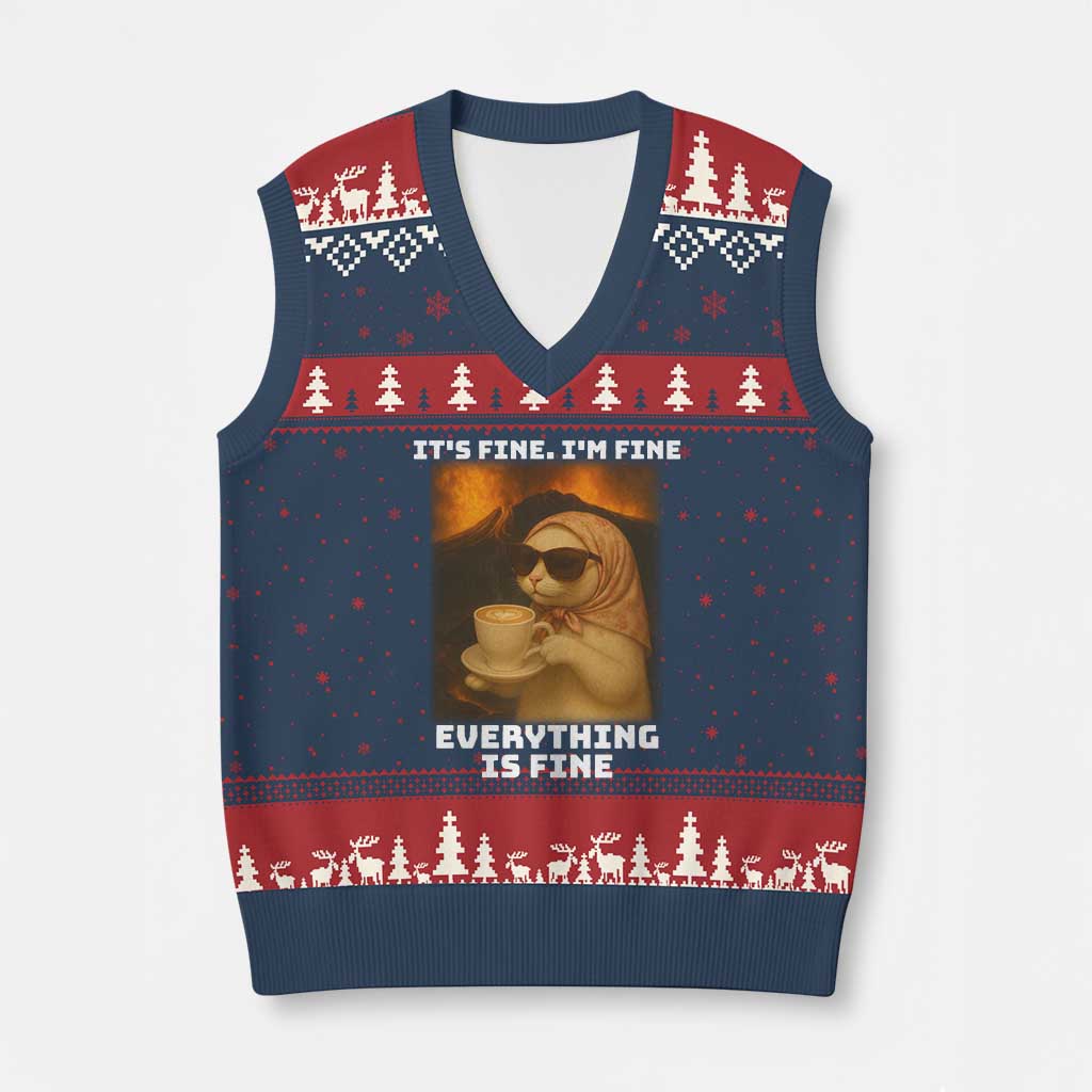 Funny Cat Meme V-Neck Knit Sweater Vest It Is Fine I Am Fine Every Thing Is Fine - Wonder Print Shop