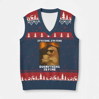 Funny Cat Meme V-Neck Knit Sweater Vest It Is Fine I Am Fine Every Thing Is Fine - Wonder Print Shop