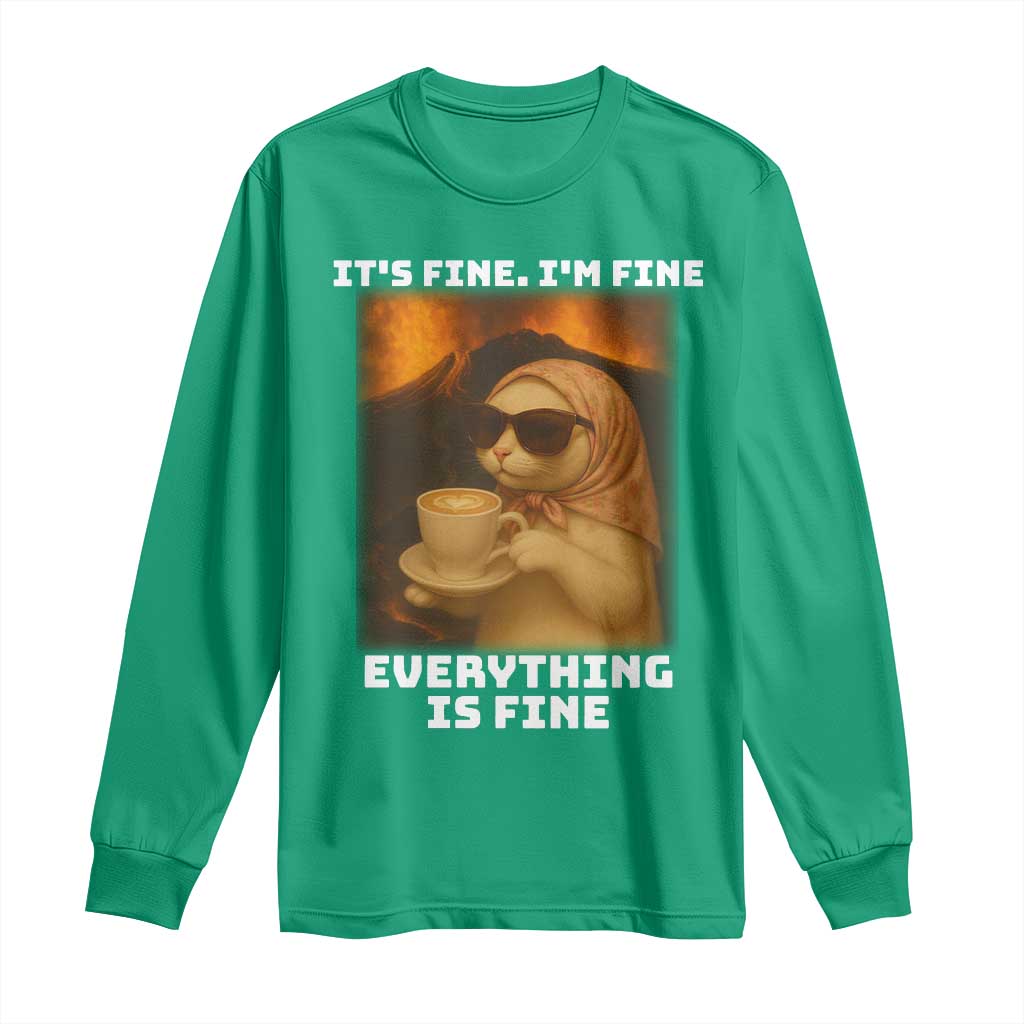 Funny Cat Meme Long Sleeve Shirt It Is Fine I Am Fine Every Thing Is Fine - Wonder Print Shop