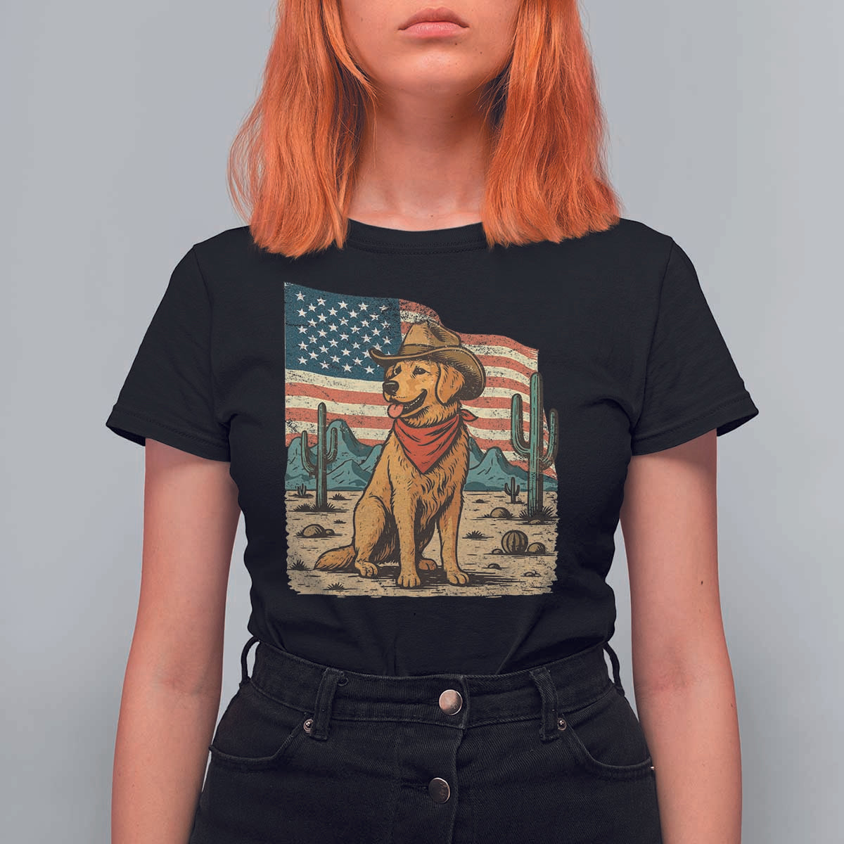 Patriotic Cowboy Dog T Shirt For Women American Flag Western Country - Wonder Print Shop