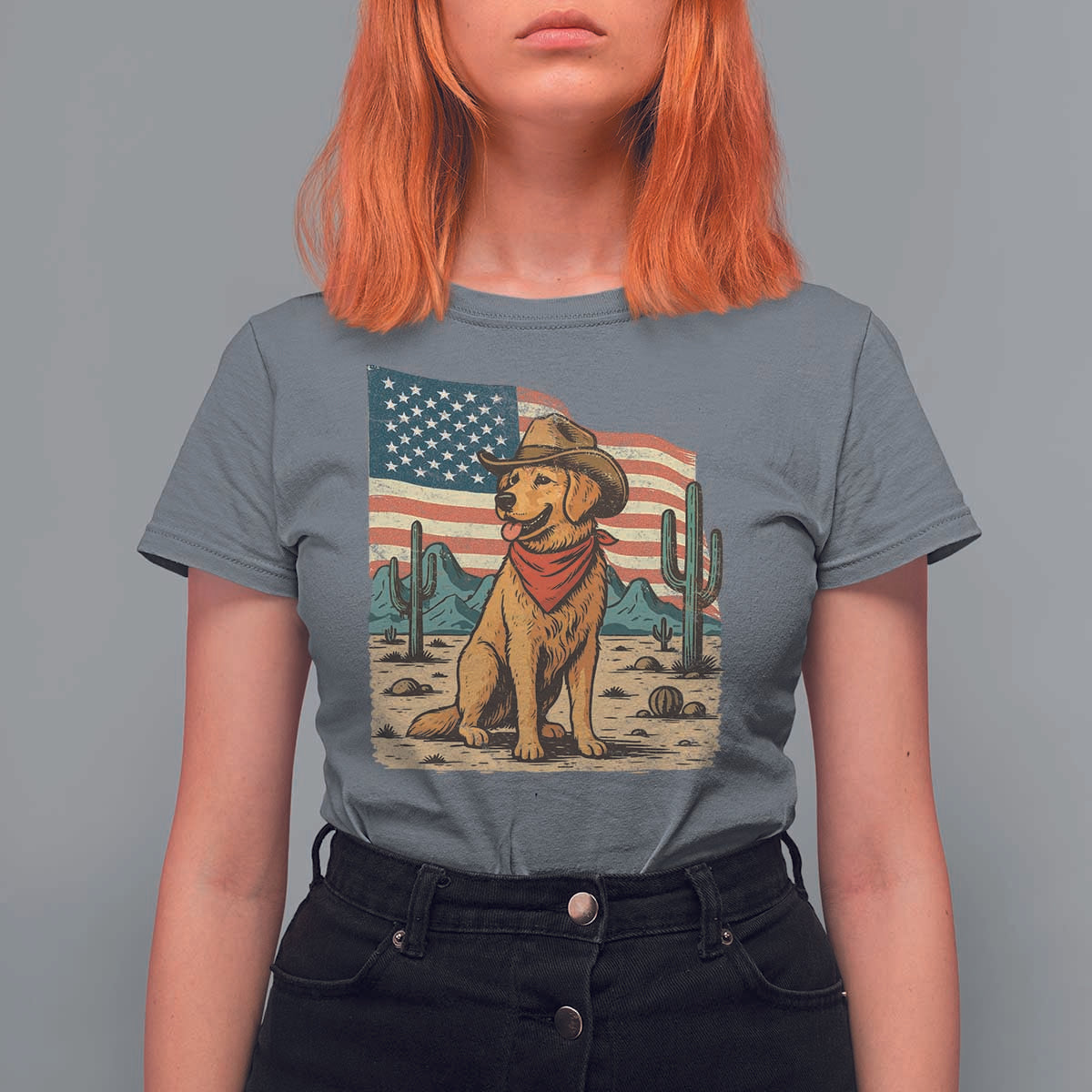 Patriotic Cowboy Dog T Shirt For Women American Flag Western Country - Wonder Print Shop