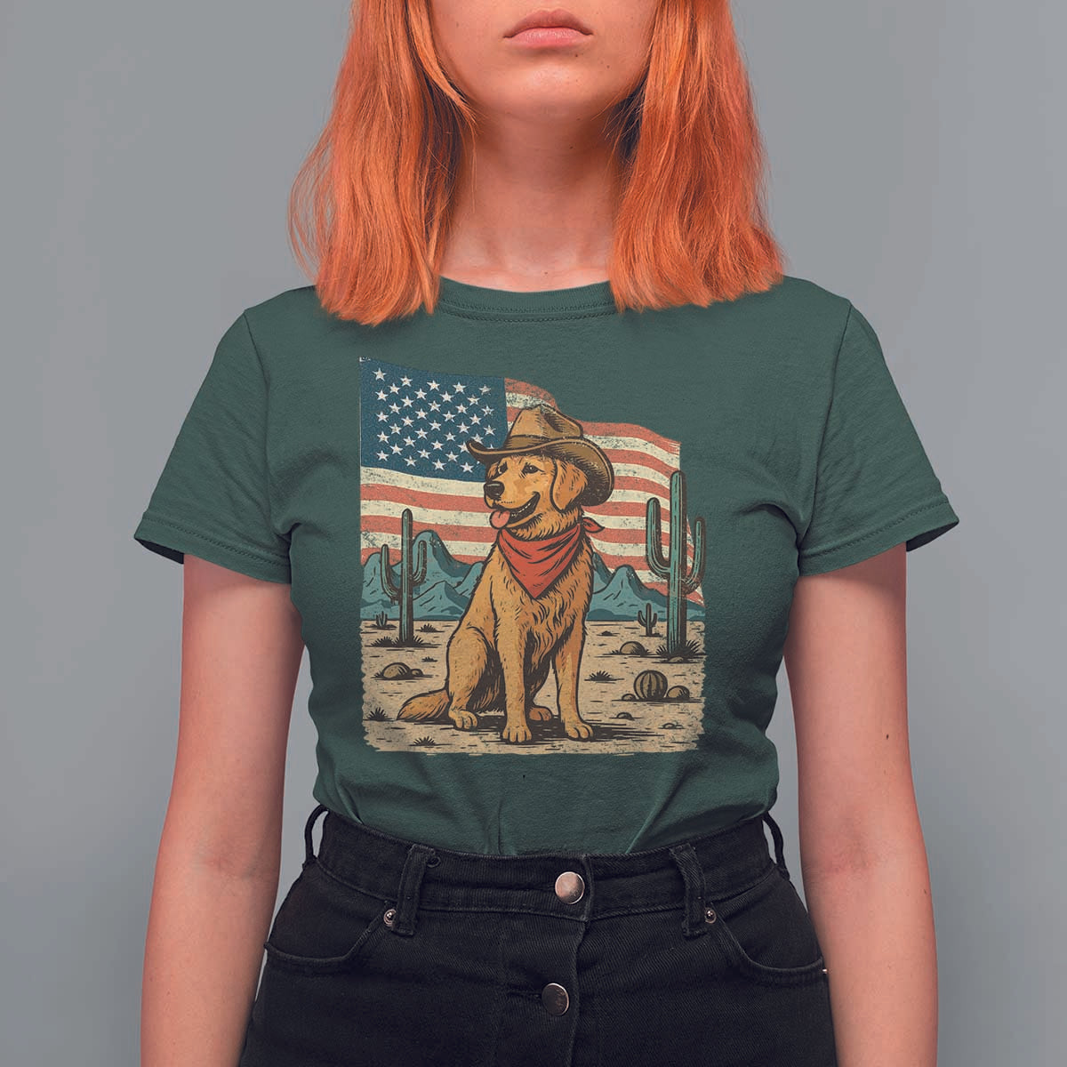 Patriotic Cowboy Dog T Shirt For Women American Flag Western Country - Wonder Print Shop