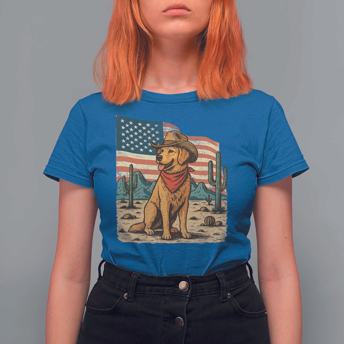Patriotic Cowboy Dog T Shirt For Women American Flag Western Country - Wonder Print Shop