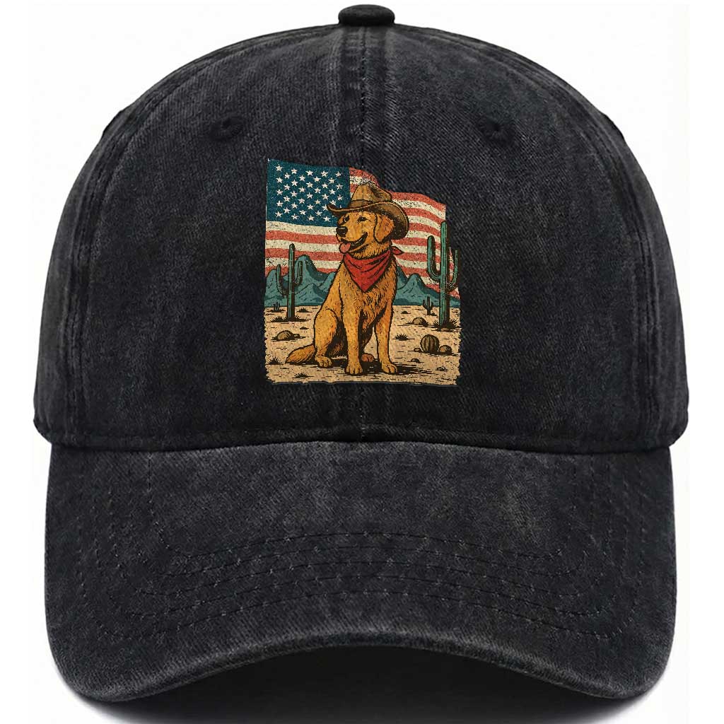 Patriotic Cowboy Dog Washed Cotton Baseball Cap American Flag Western Country