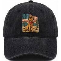 Patriotic Cowboy Dog Washed Cotton Baseball Cap American Flag Western Country