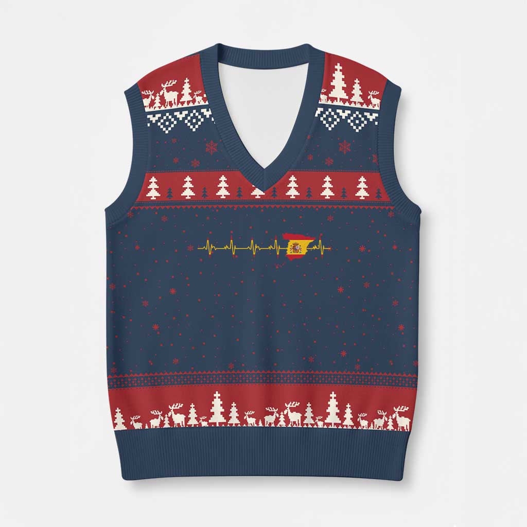 Spain Heartbeat EKG Espana Spanish Flag Map V-Neck Knit Sweater Vest