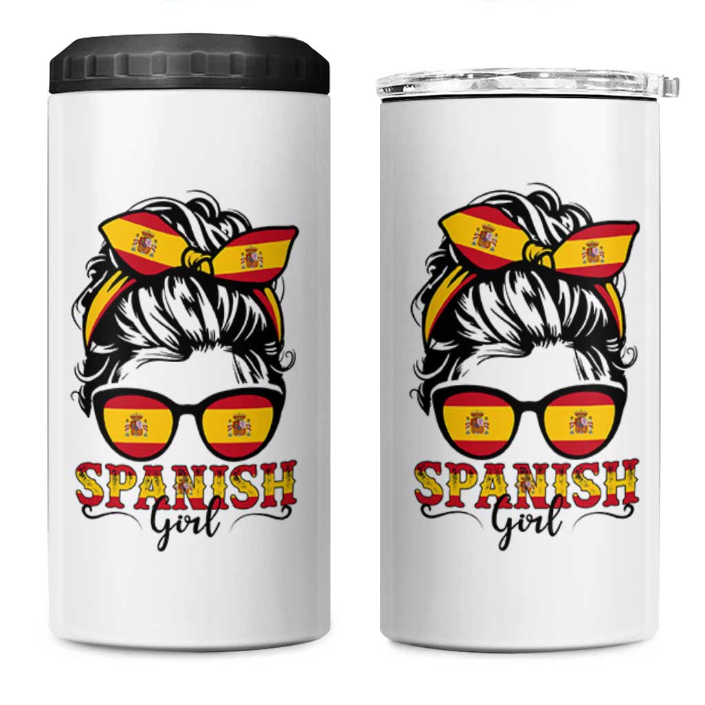 Espana Spain Messy Bun Girl Spanish Flag 4 in 1 Can Cooler Tumbler