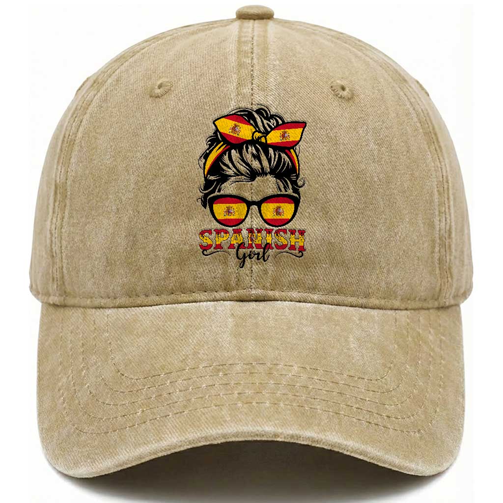 Espana Spain Messy Bun Girl Spanish Flag Washed Cotton Baseball Cap